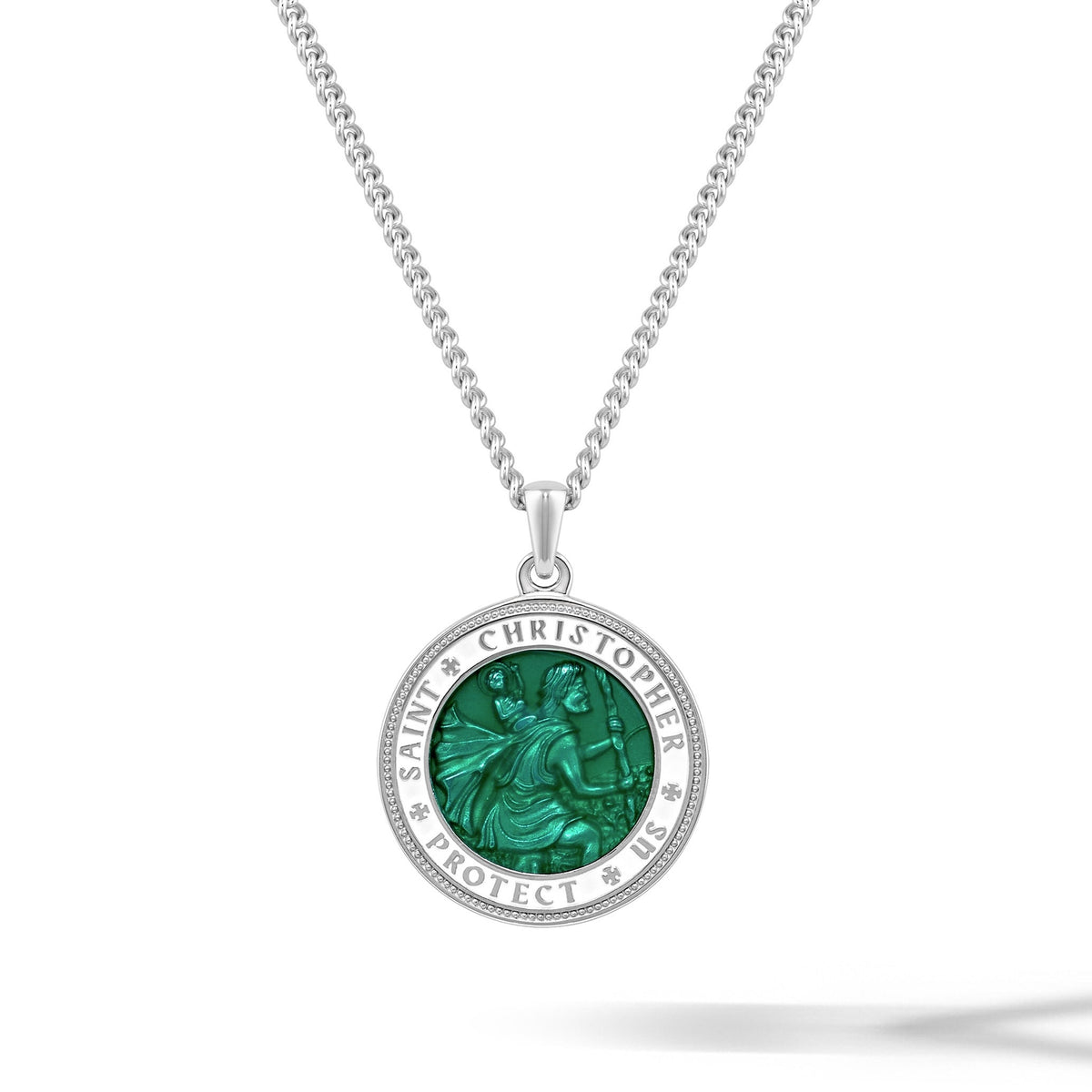 Silver necklace with a green pendant on a white background