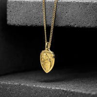 Gold necklace with a shield-shaped pendant on a dark background