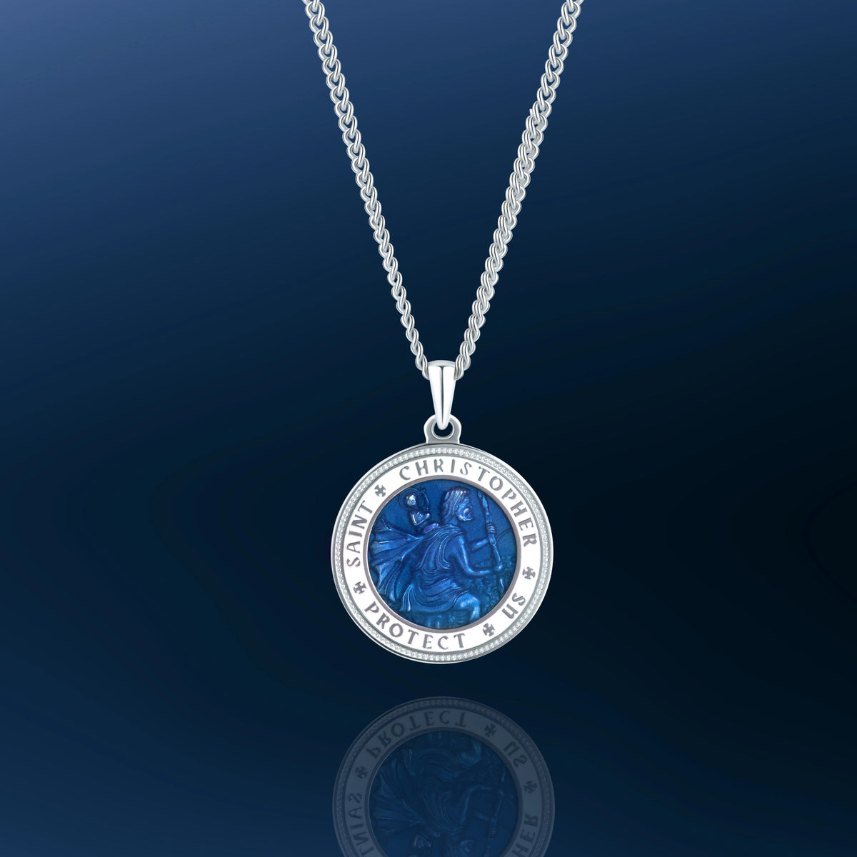 Silver necklace with a blue Saint Christopher pendant on a dark blue background