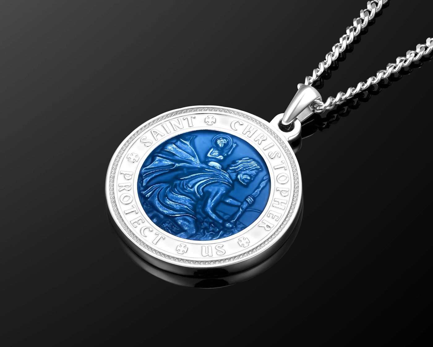 Silver necklace with a blue Saint Christopher pendant on a black background