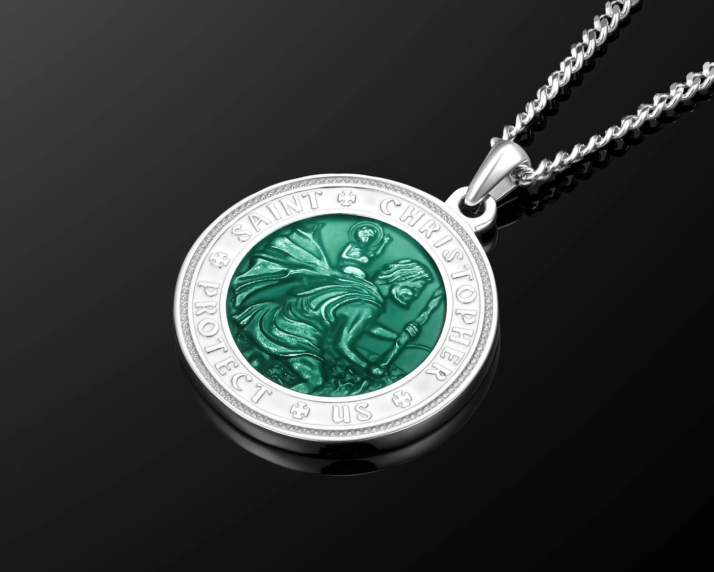 Saint Christopher pendant necklace on a black background