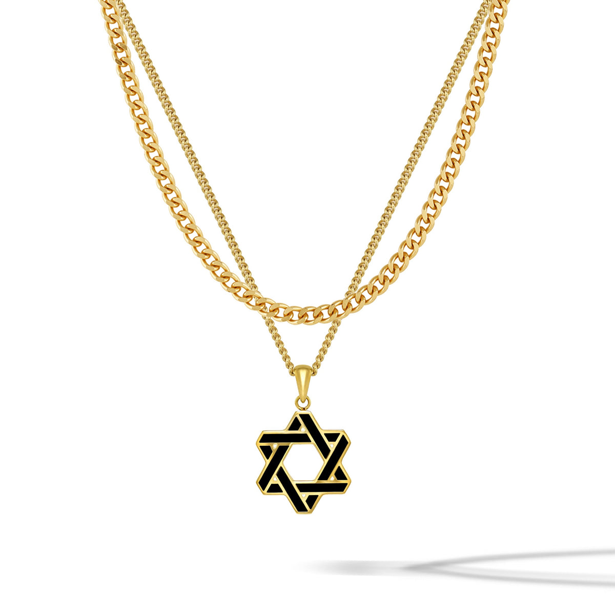 Gold necklace with a black Star of David pendant on a white background