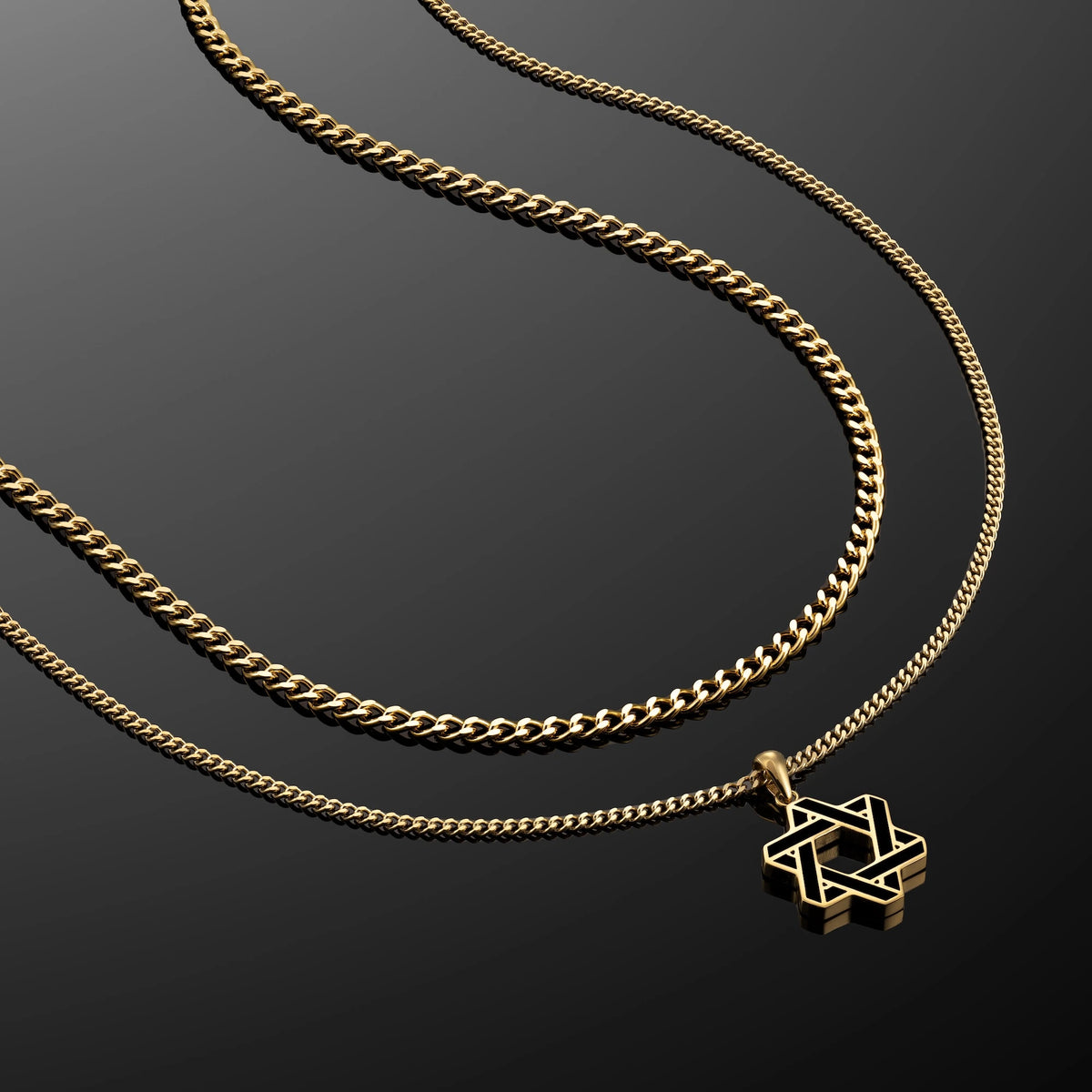 Gold chain necklace with a Star of David pendant on a dark background