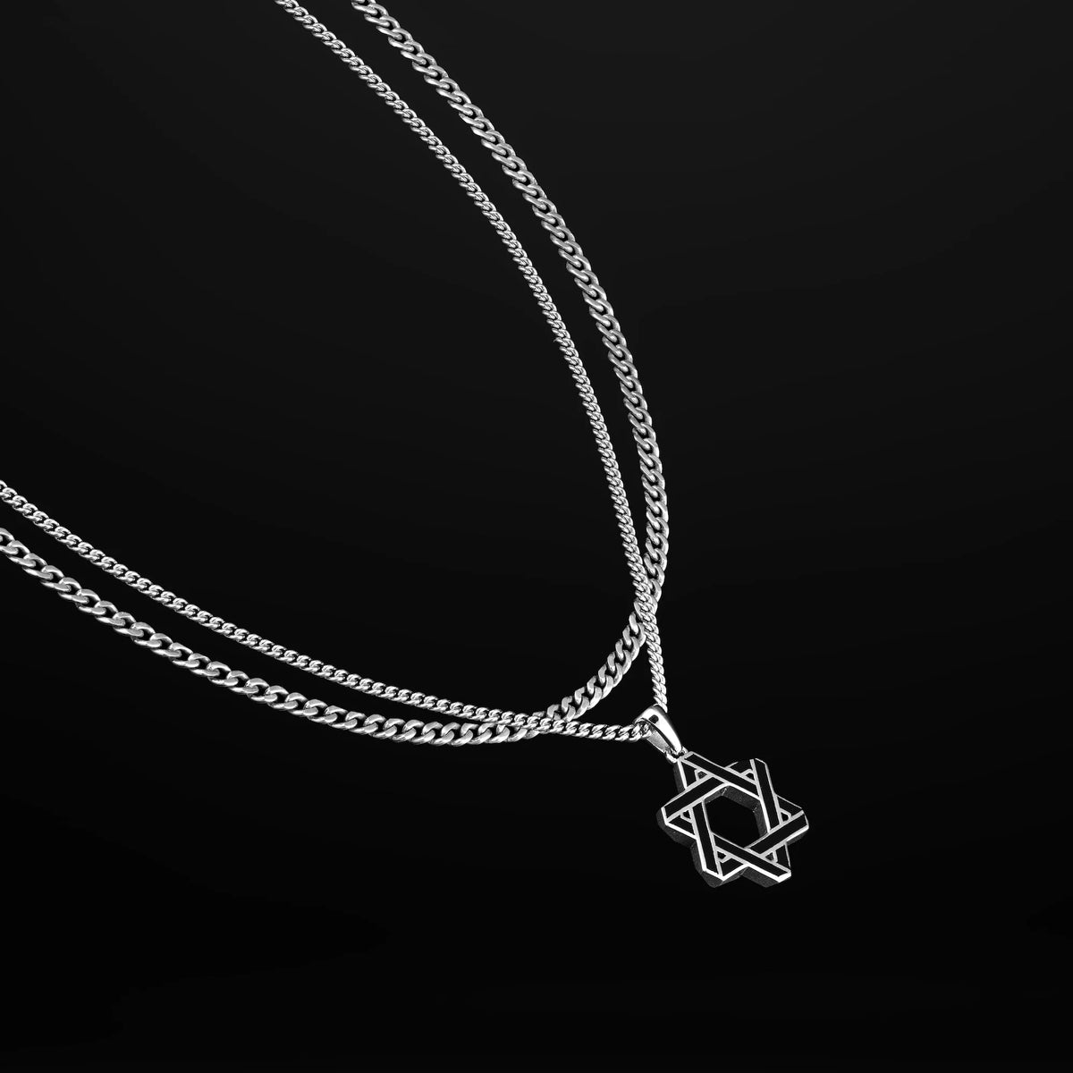 A sterling silver Star of David pendant necklace on a double curb chain.