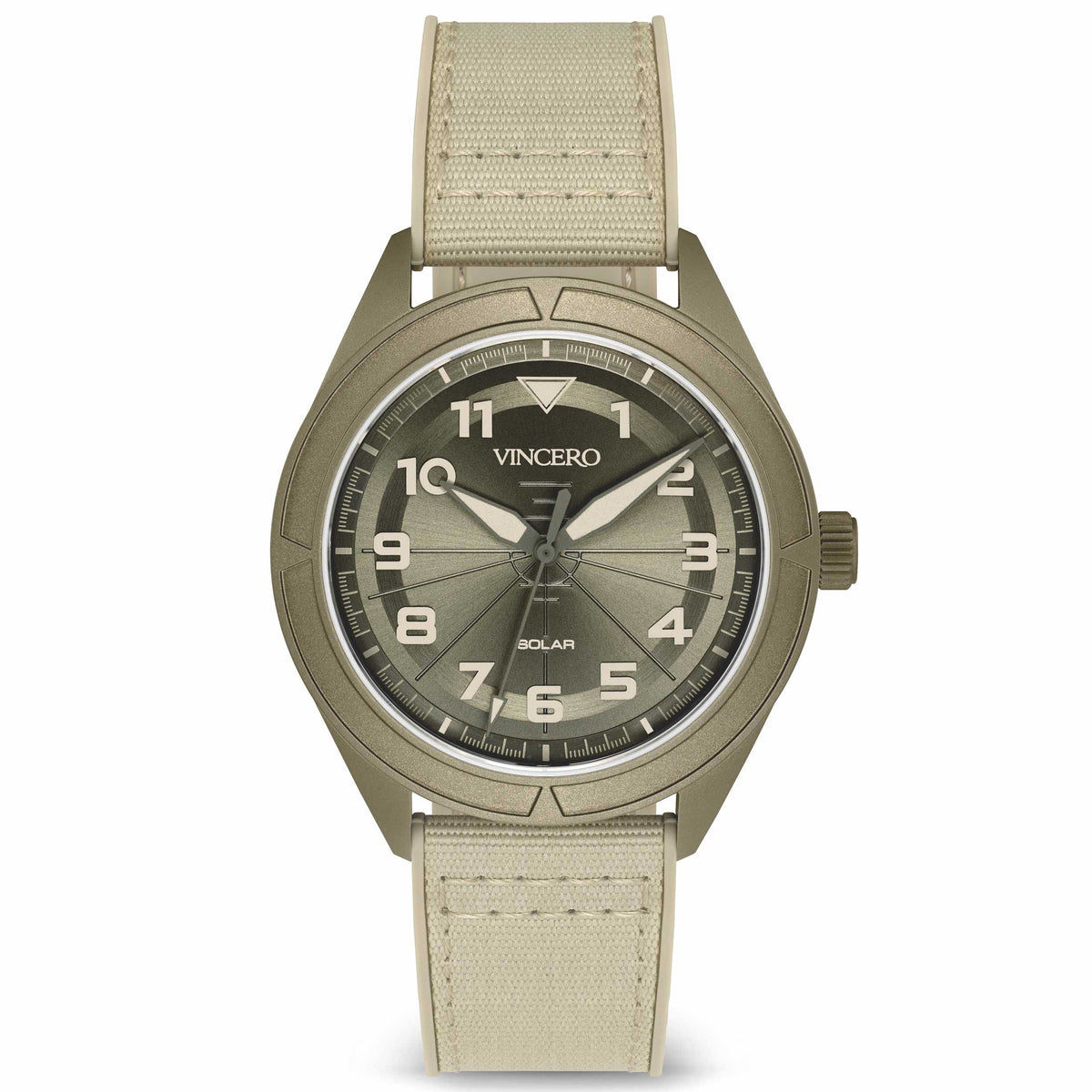 A silver-toned Vincero watch with a green dial and a beige fabric strap.