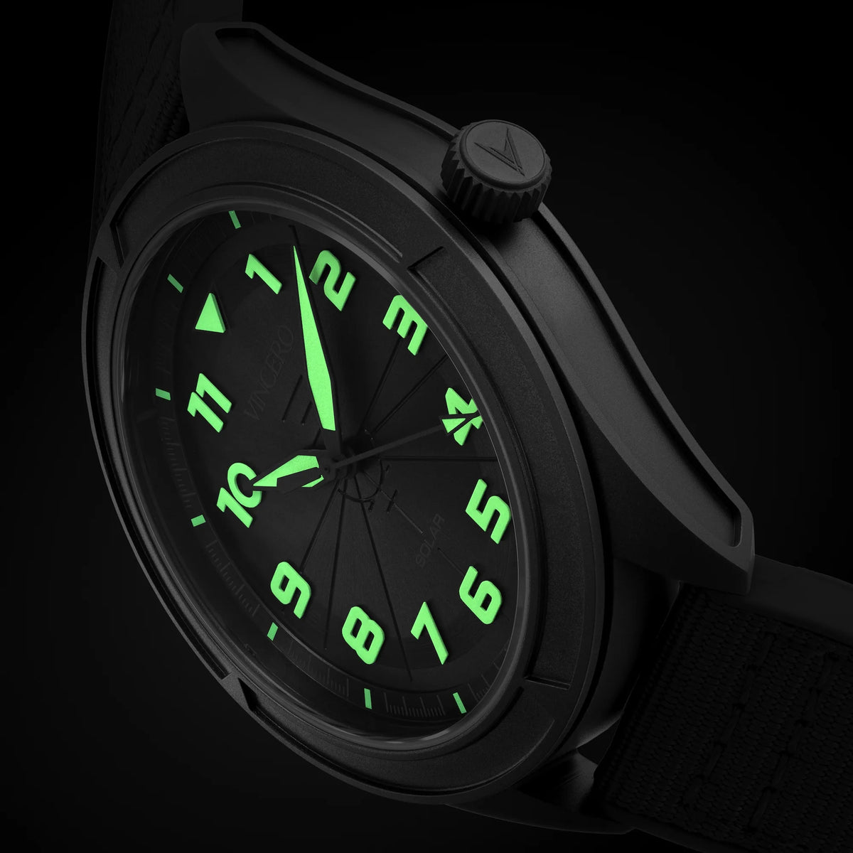Black watch with green glowing numbers on a black background