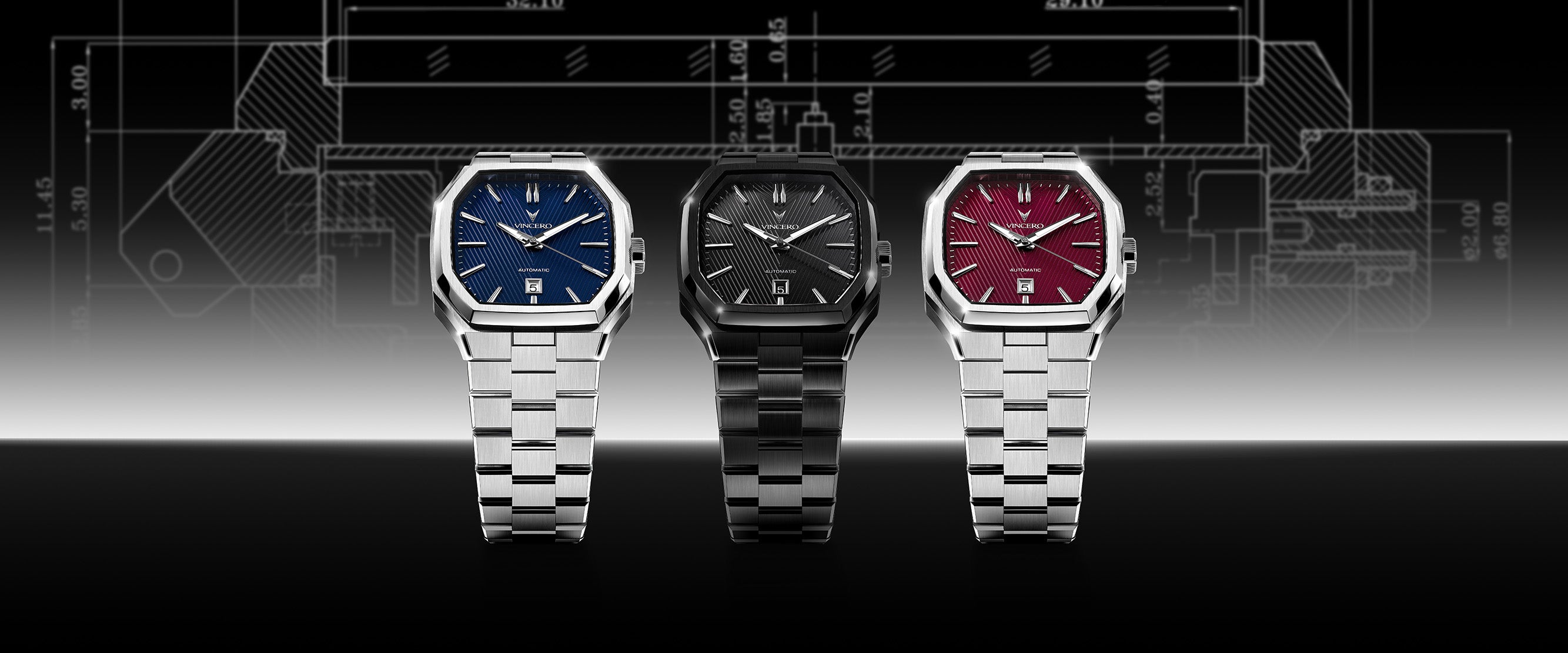 Three watches with different colored faces on a technical drawing background