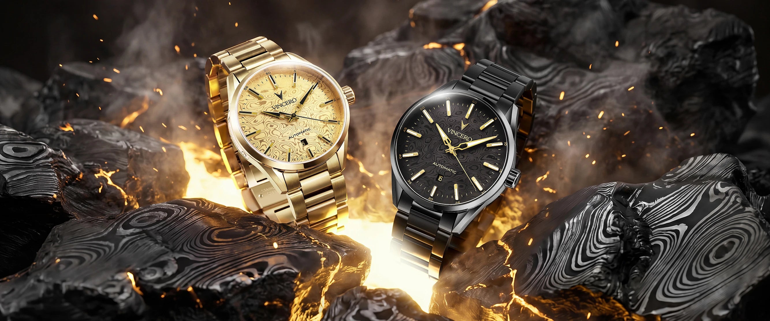 Two luxury wristwatches displayed on dark textured rocks with dramatic fiery embers. One watch has a gold-tone metal case and a gold dial with luminous markers.