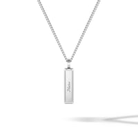 Silver necklace with a rectangular pendant on a white background