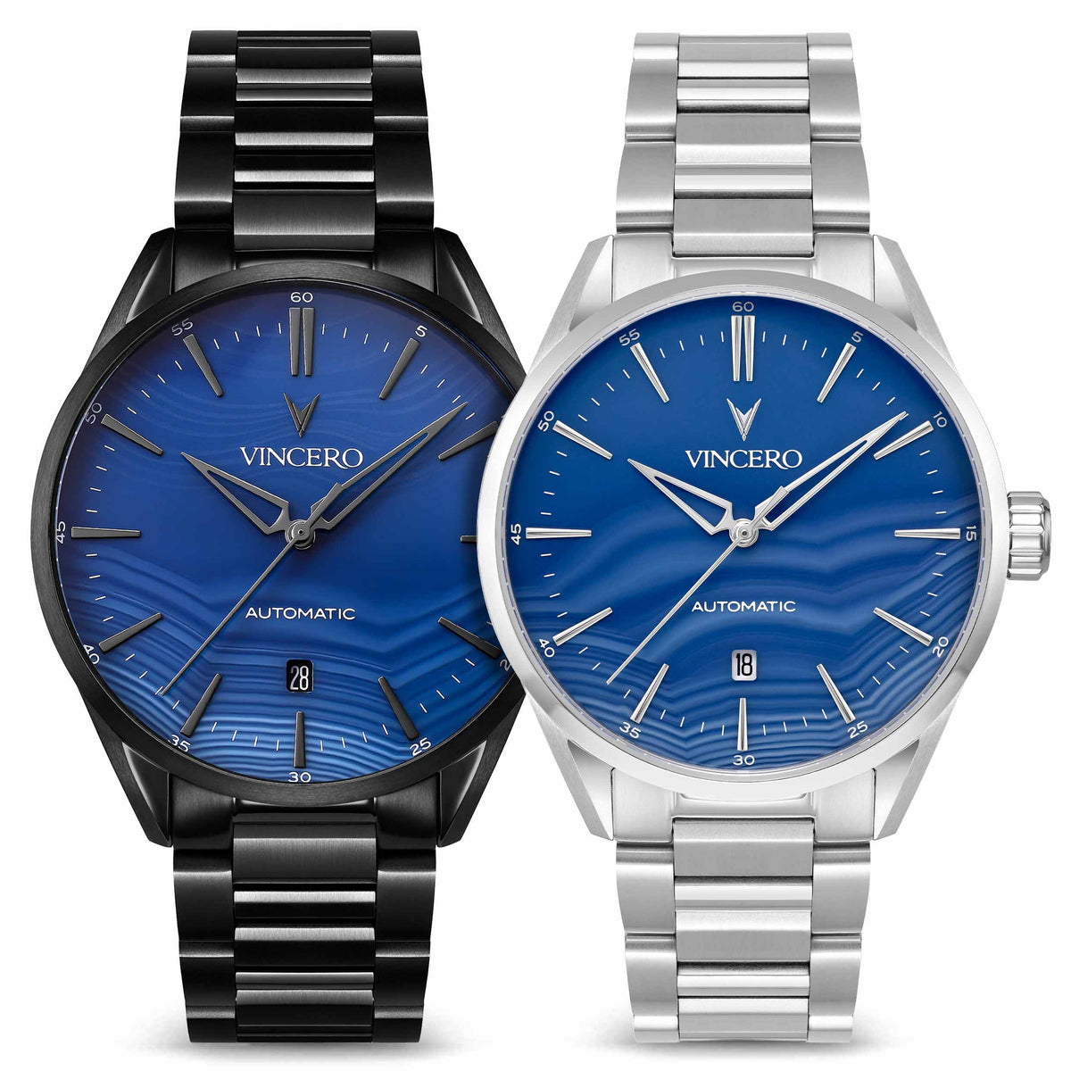 Two Vincero watches, one black and one silver, with blue faces on a white background.