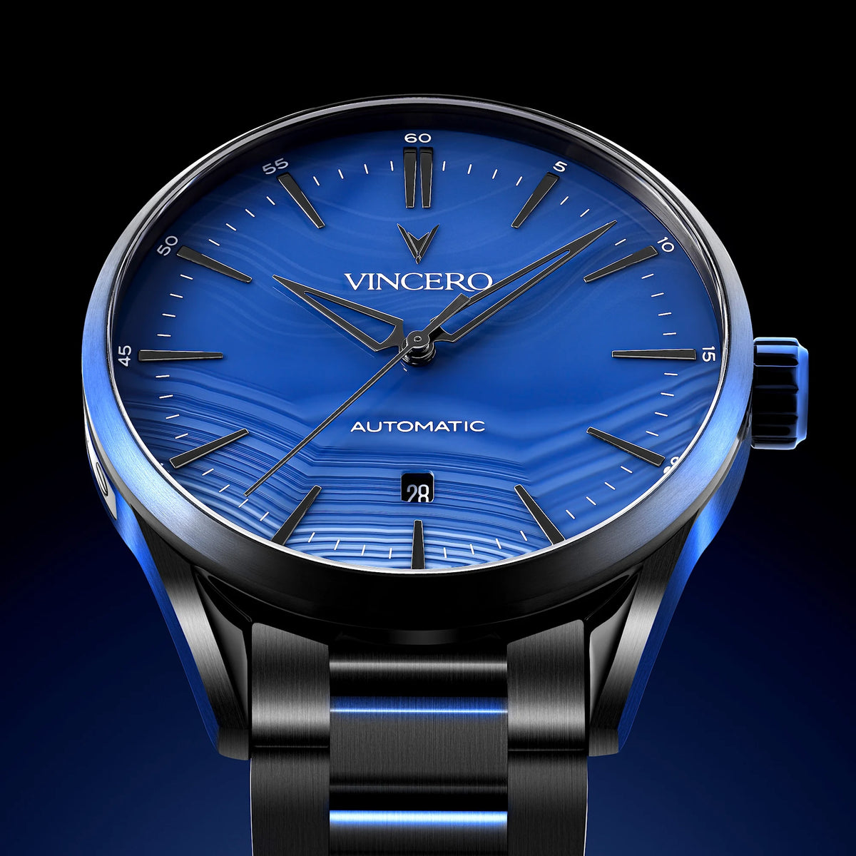 Blue wristwatch with 'Vincero' branding on a dark background
