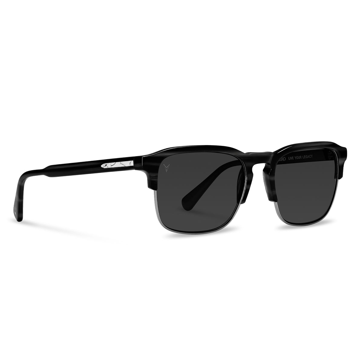 Black sunglasses with dark lenses on a white background