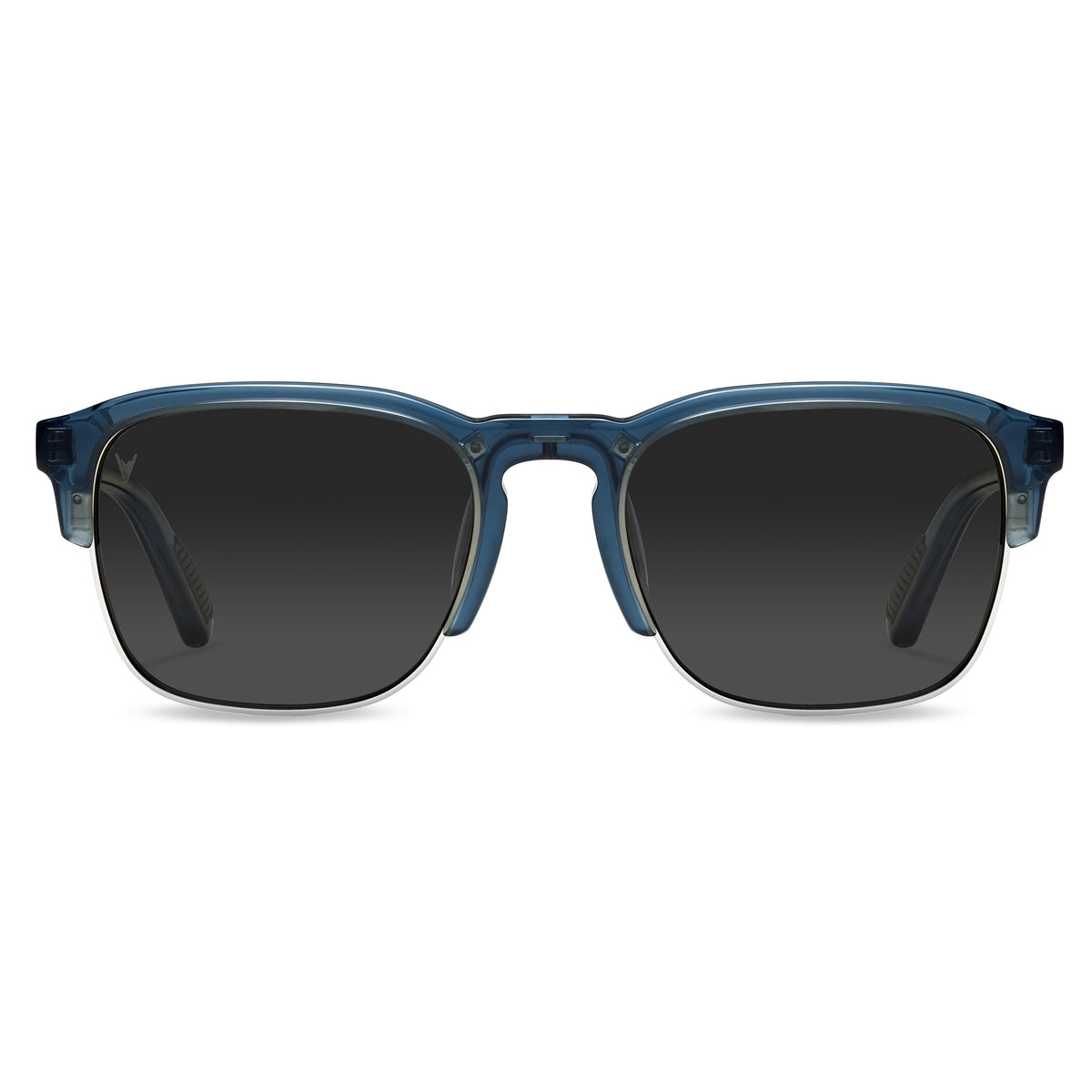 Blue sunglasses with dark lenses on a white background