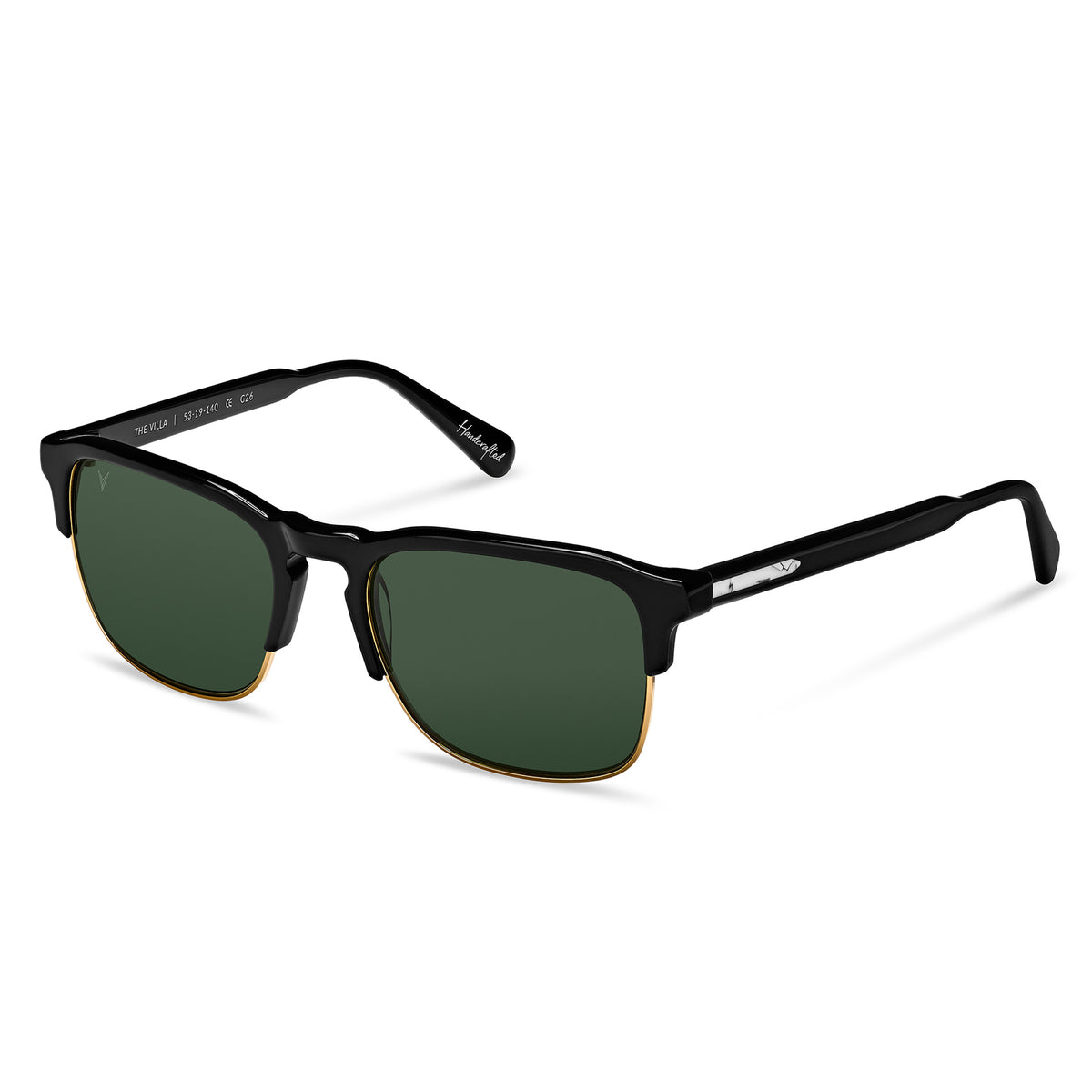 Black sunglasses with green lenses on a white background