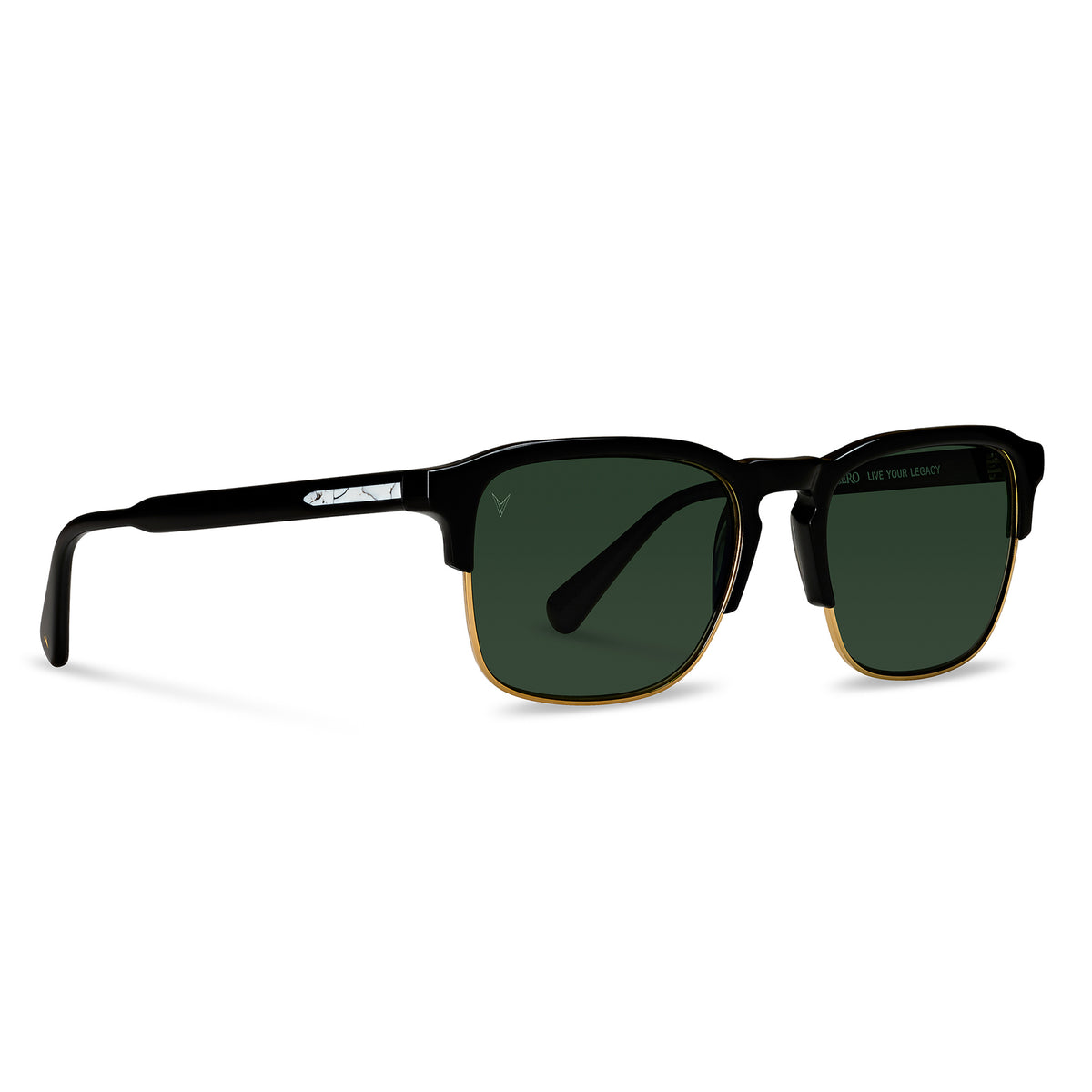 Sunglasses with black frame and green lenses on a white background