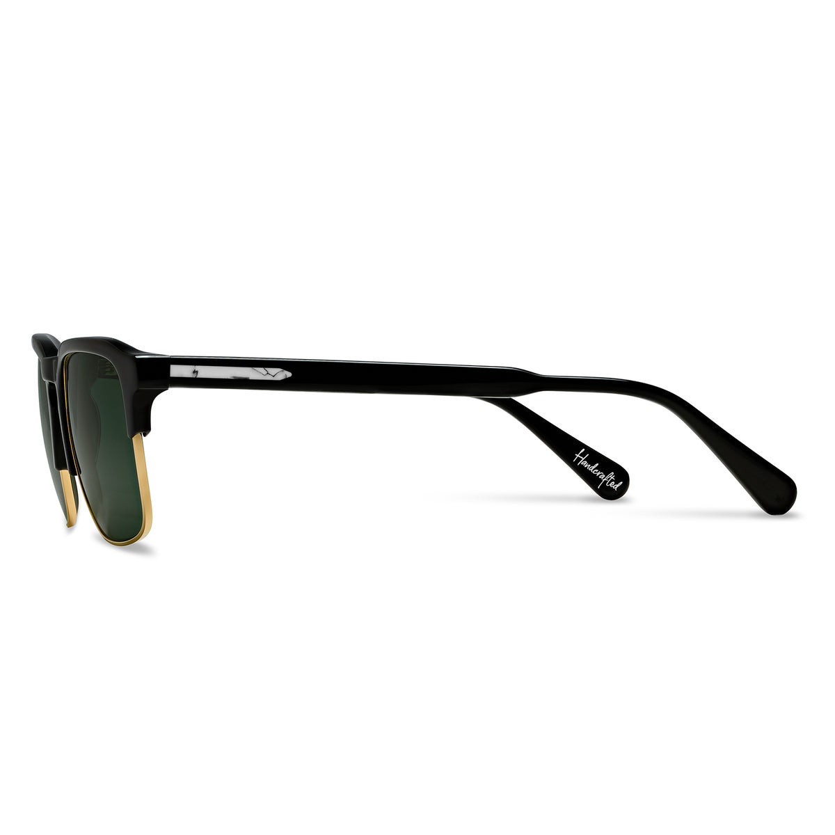 Black sunglasses with gold accents on a white background