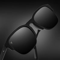 Black sunglasses with a dark gradient background