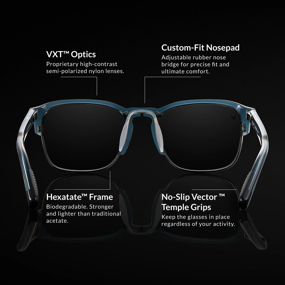 Glasses with labeled features on a black background