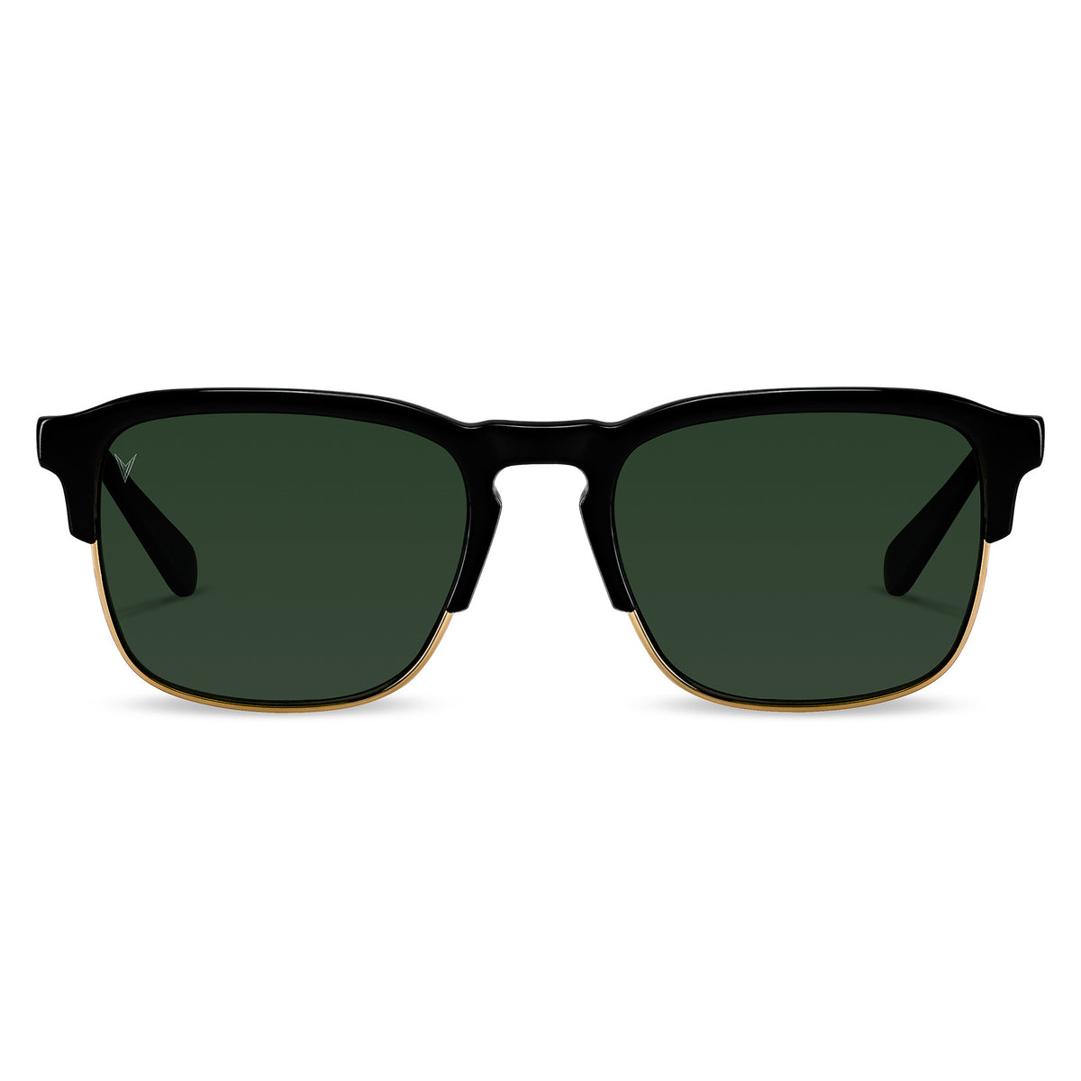 A pair of men's sunglasses with a sleek black frame and gold accents, featuring green tinted lenses.