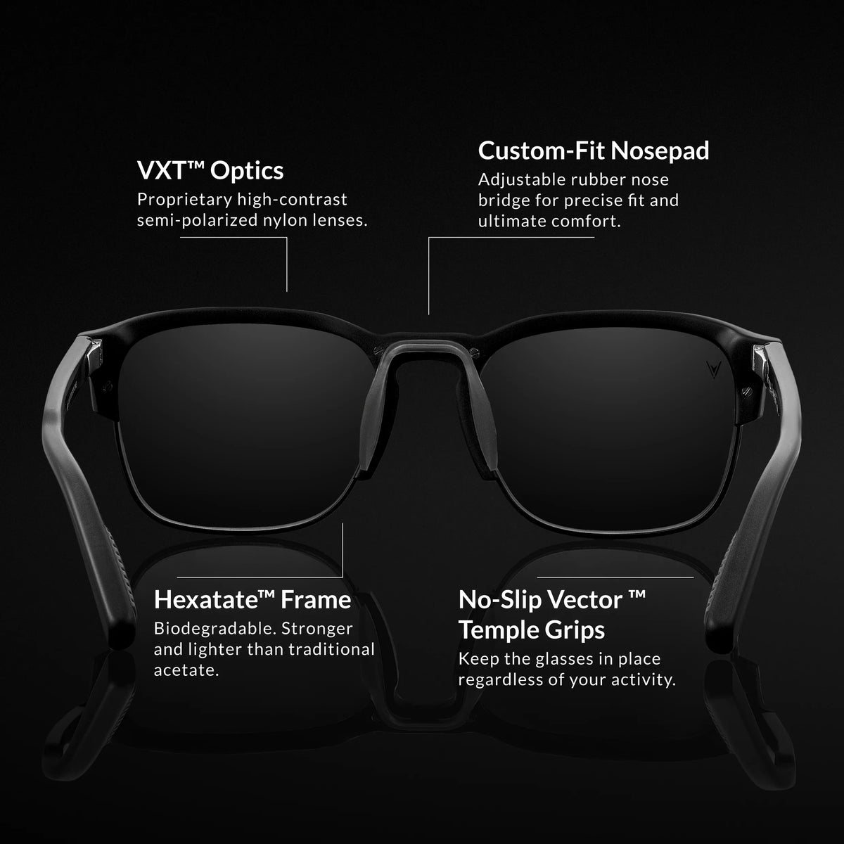 Black sunglasses with labeled features on a black background