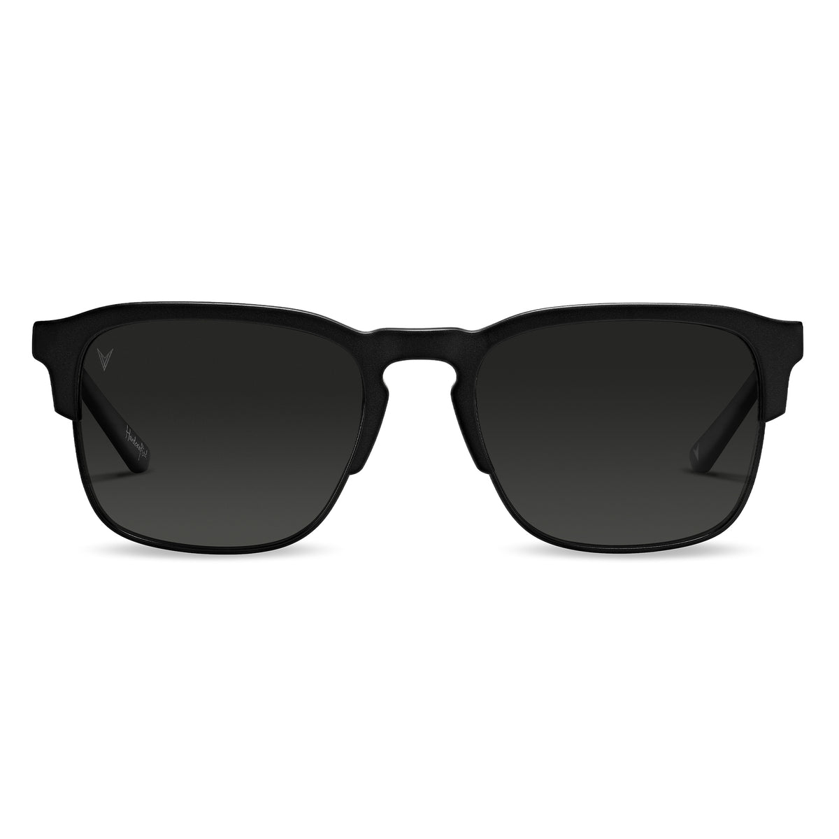 A pair of matte black sunglasses with a square shape, featuring premium acetate, marble accents, and polarized lenses.