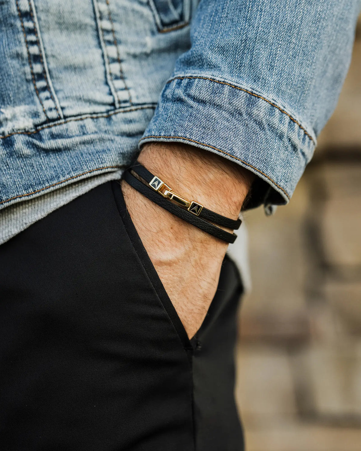 Men's Luxury Black Italian Leather Double Bracelet Strap with a Gold Magnetic Closure