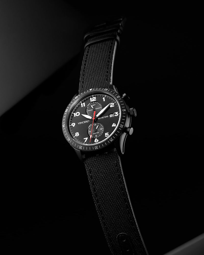 Altitude Black Cordura Nylon Strap Black Watch Face Black Case Clasp White and Red Accents