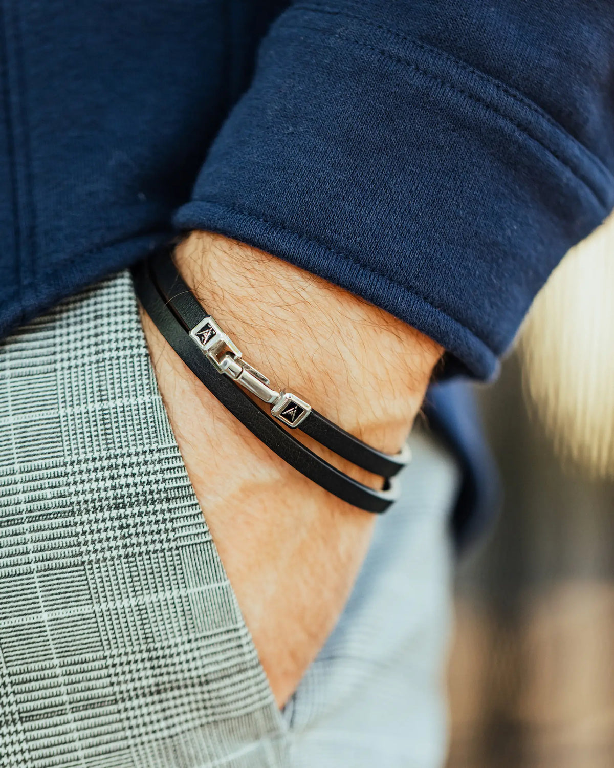 Men's Luxury Black Italian Leather Double Bracelet Strap with a Silver Magnetic Closure