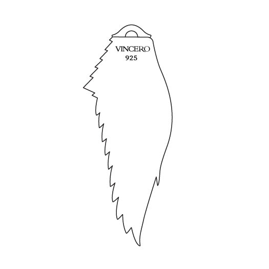 Outline of a feather-shaped pendant with 'Vincero' branding on a white background