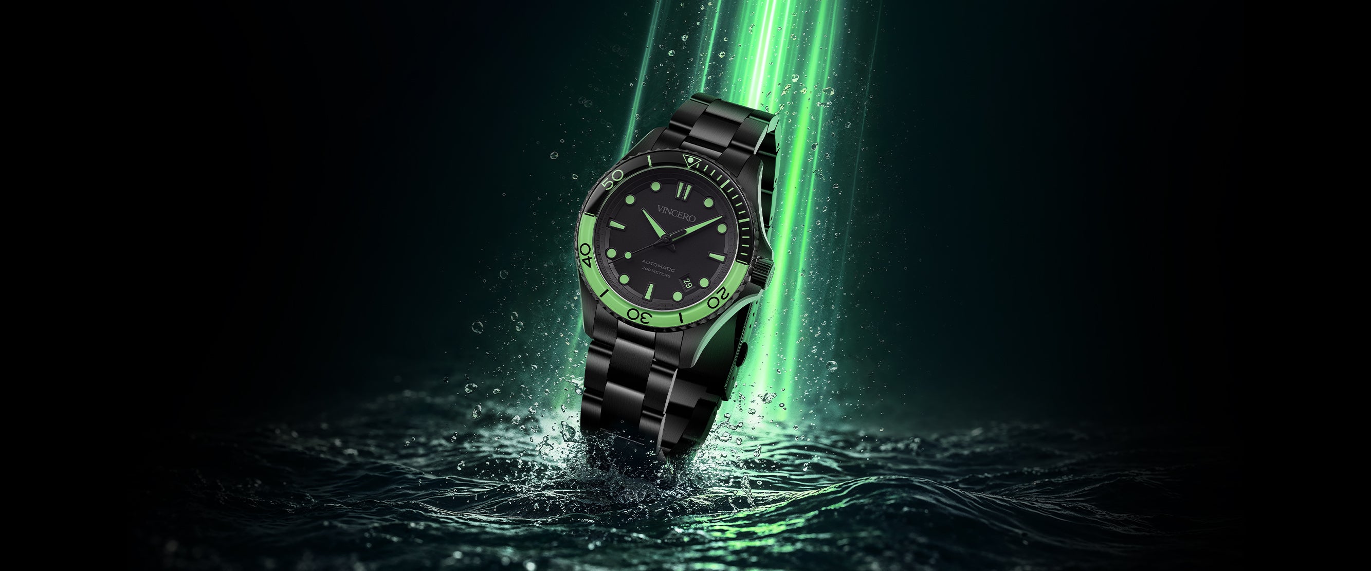 Black wristwatch with green accents emerging from water on a dark background