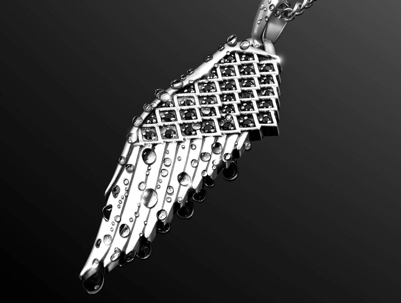 Silver angel wing pendant on a black background