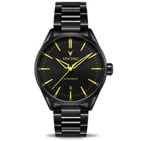 Black watch with yellow accents on a white background