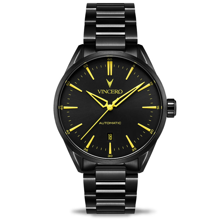 Black watch with yellow accents on a white background