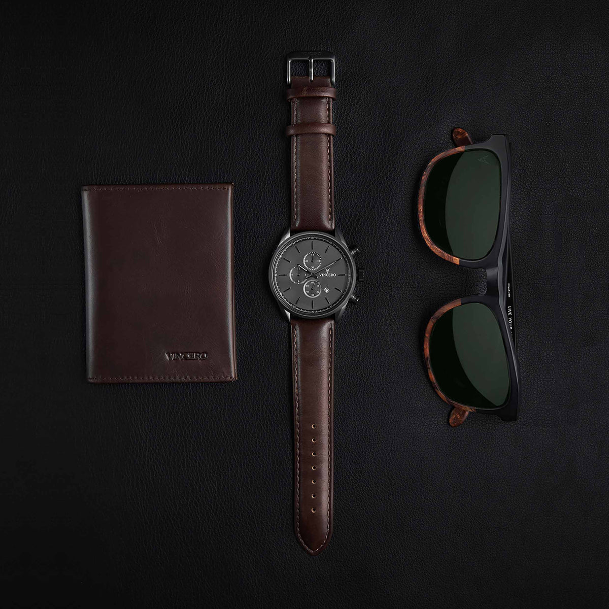 Gunmetal walnut watch flat lay