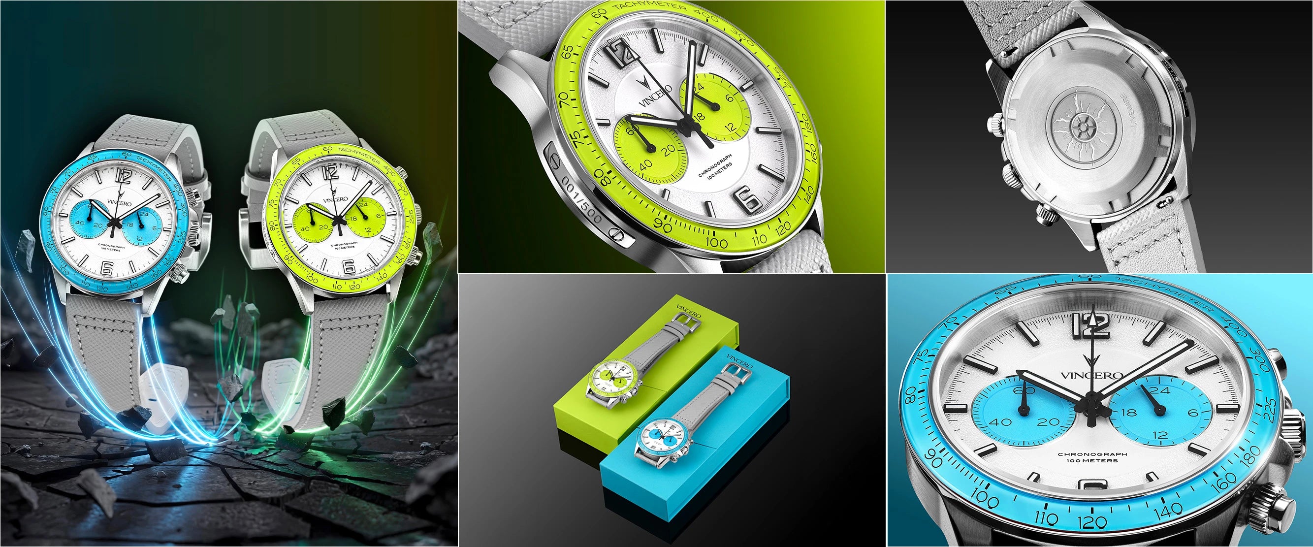 Collage of watches with colorful faces and straps on a dark background