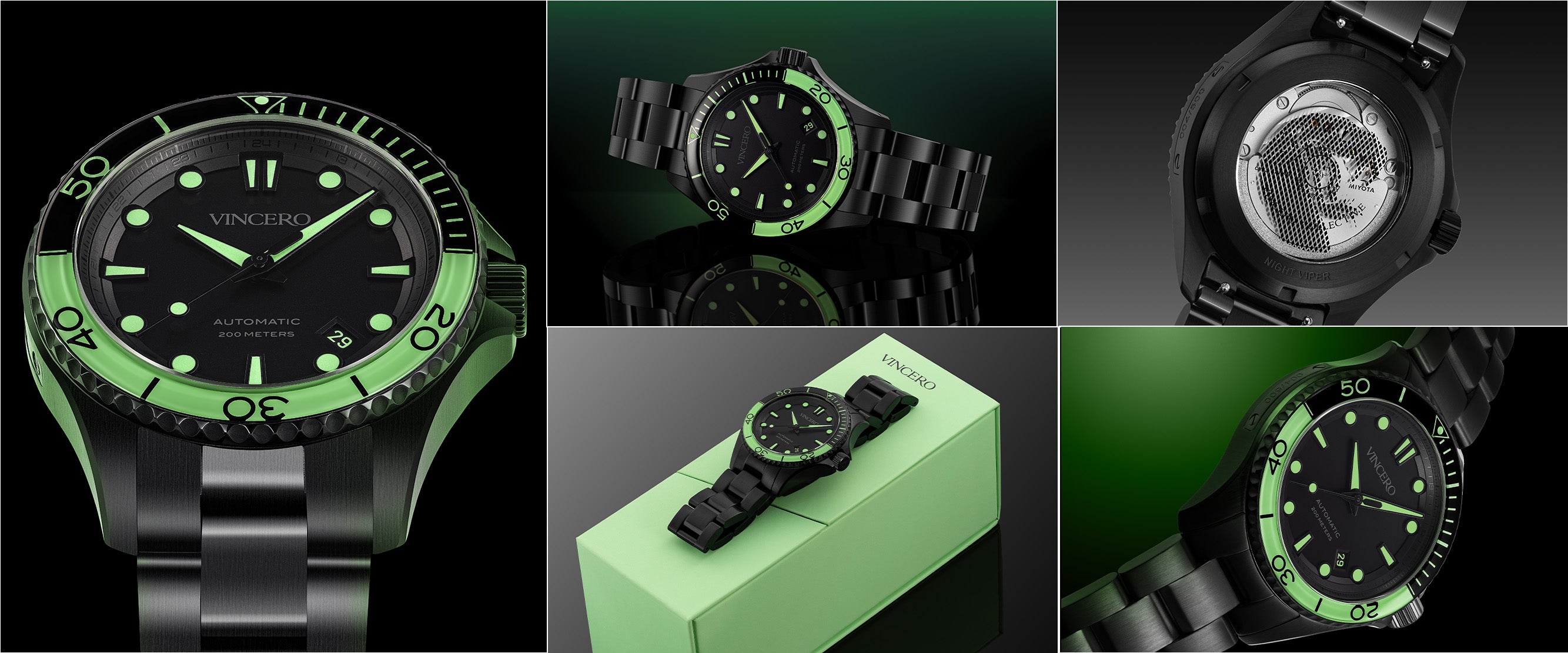 Collage of a green and black watch with close-up details on a dark background