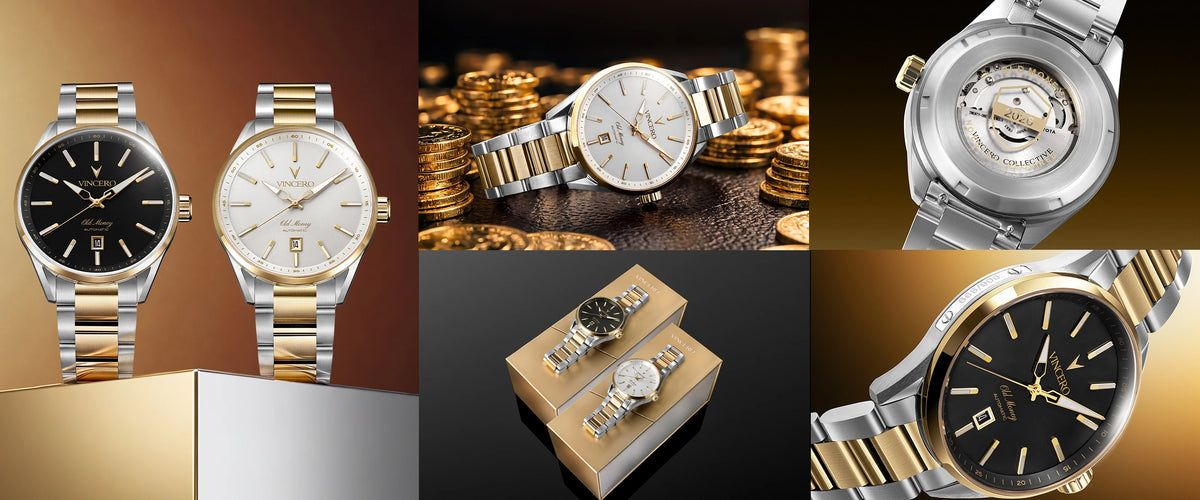 A six-panel collage showcasing luxury wristwatches from Vincero. The panels feature various models including two-tone silver and gold stainless steel and yellow gold watches, with one showing a skeletonized dial, another with a black dial, and others displayed on gold coin stacks, on a watch box, and on a clean gradient background.