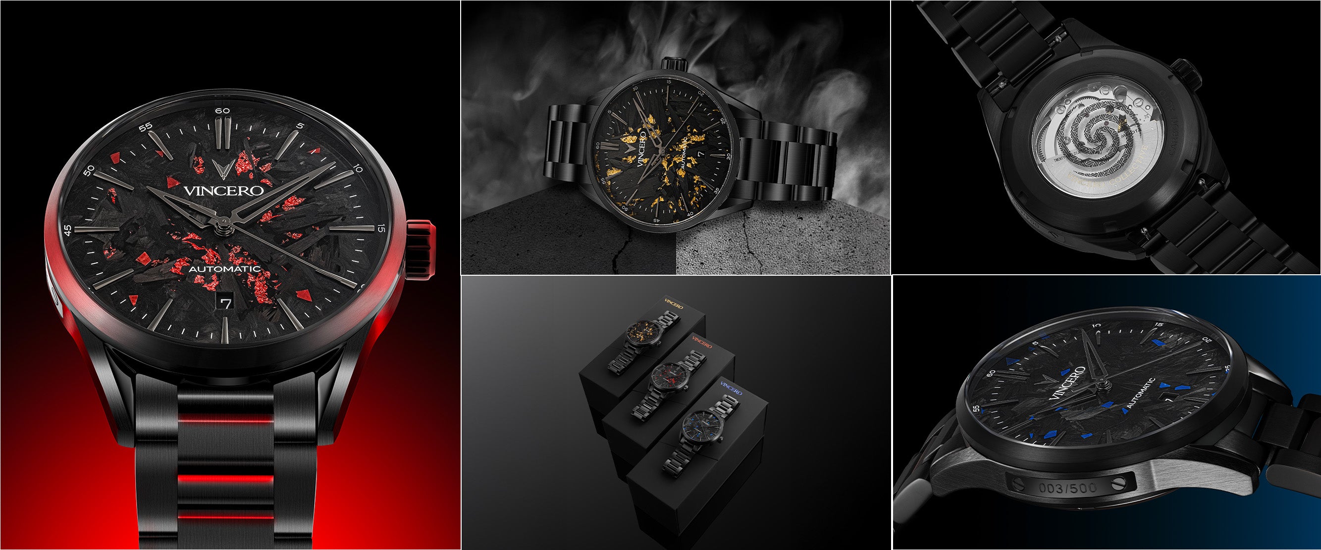 Collage of a black wristwatch with intricate design on a dark background