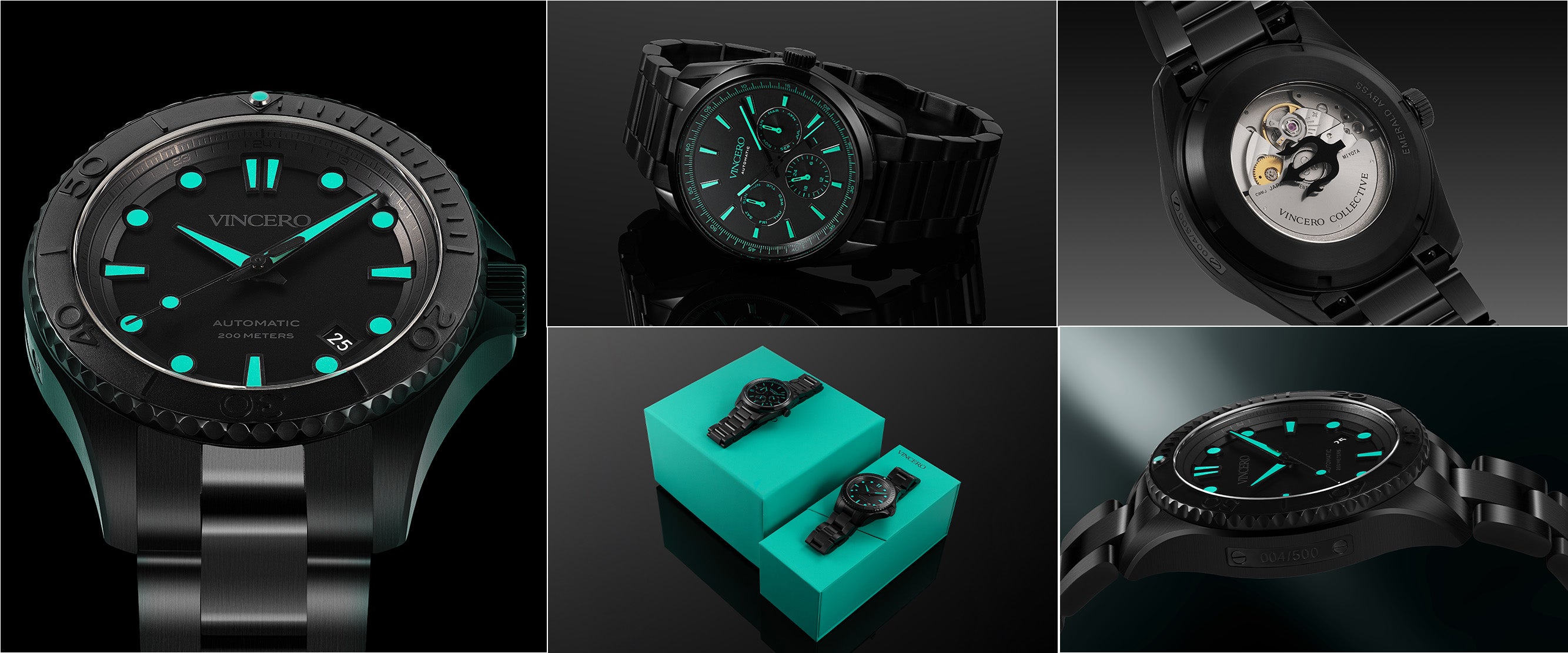 Collage of a black watch with green accents, its box, and close-up details on a dark background.