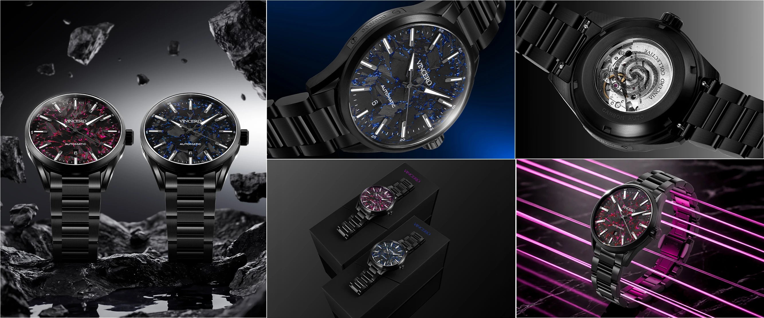 Collage of a black wristwatch with different angles and lighting effects.