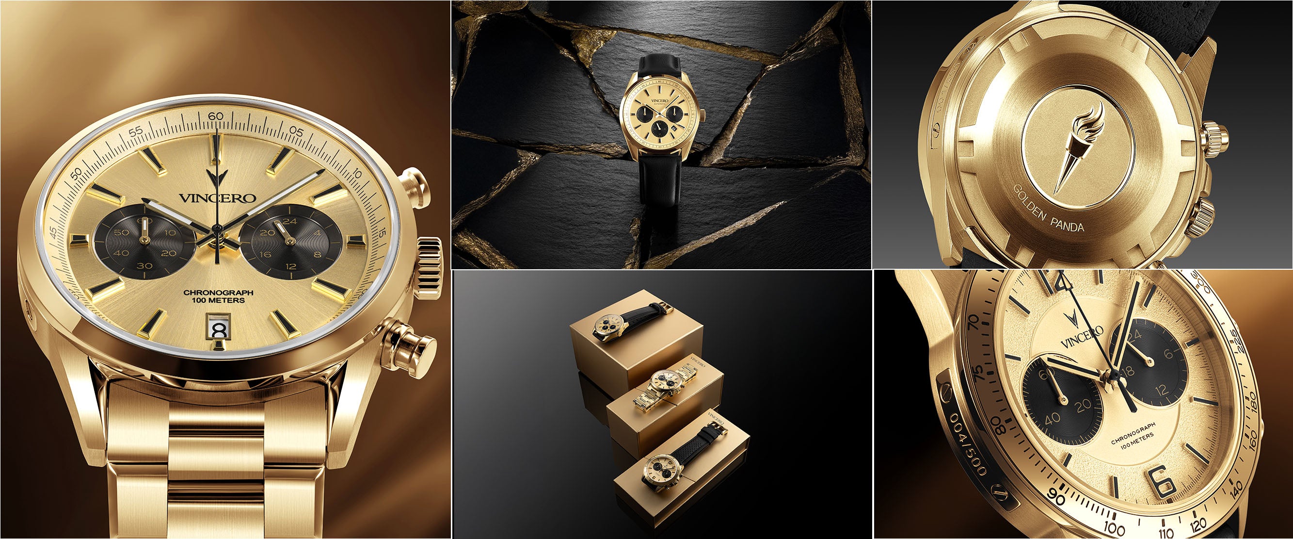 Collage of a gold wristwatch with close-up details on a dark background