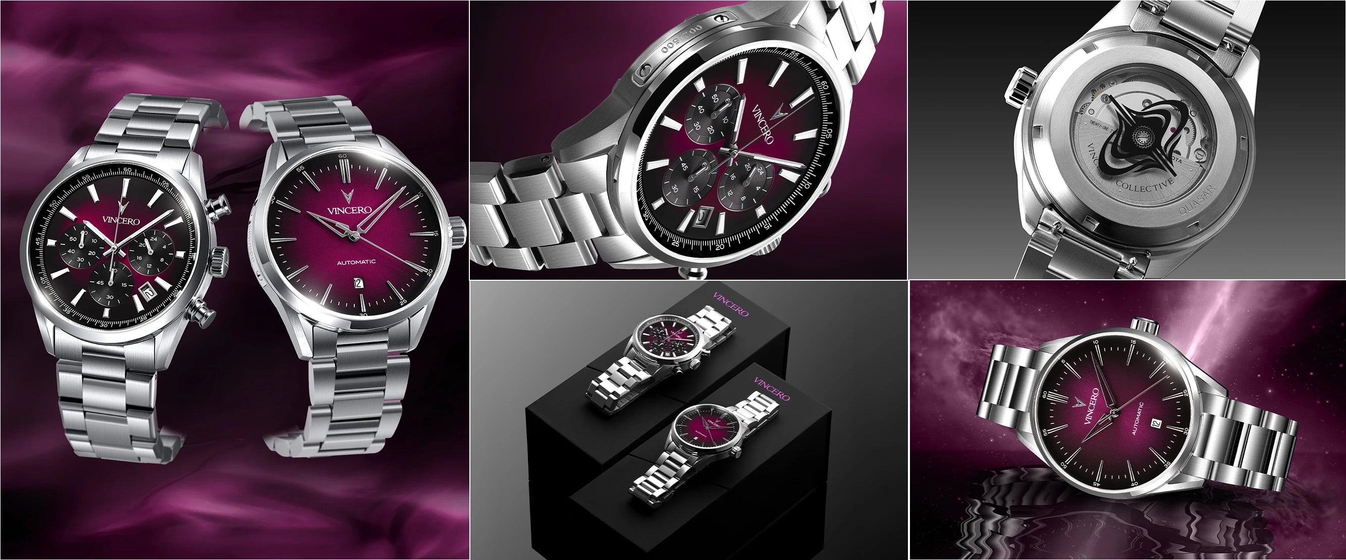Collage of silver watches with purple and black faces on a dark background