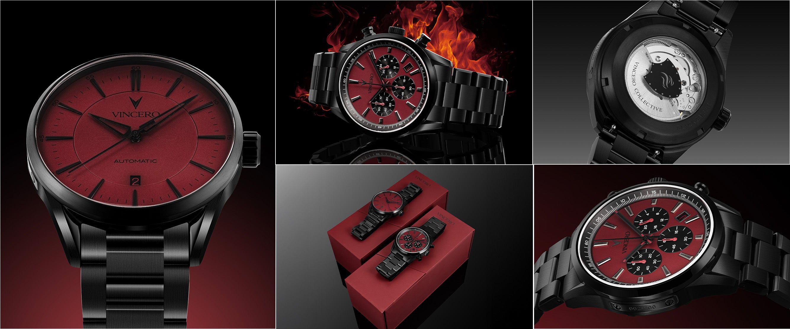 Collage of a black watch with a red face on a dark background