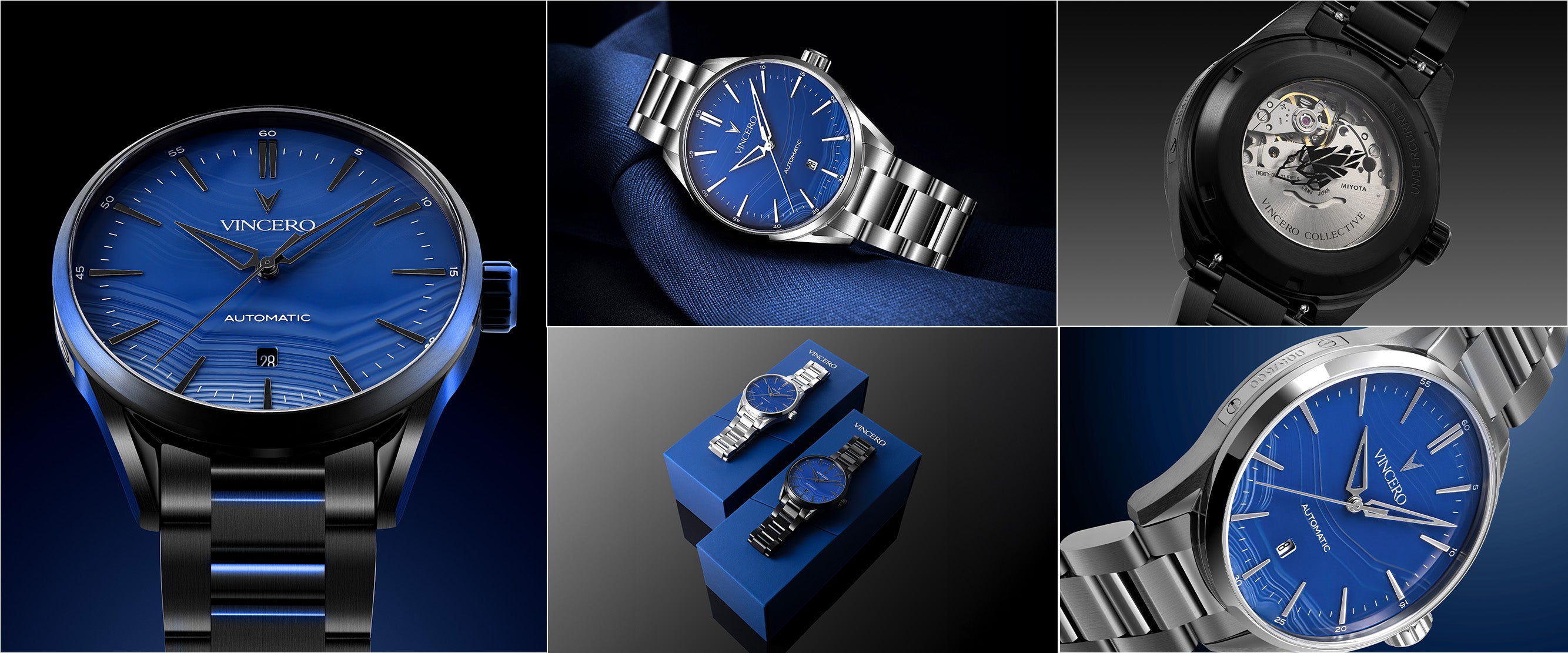 Collage of Vincero watches with blue faces and metallic bands on a dark background.