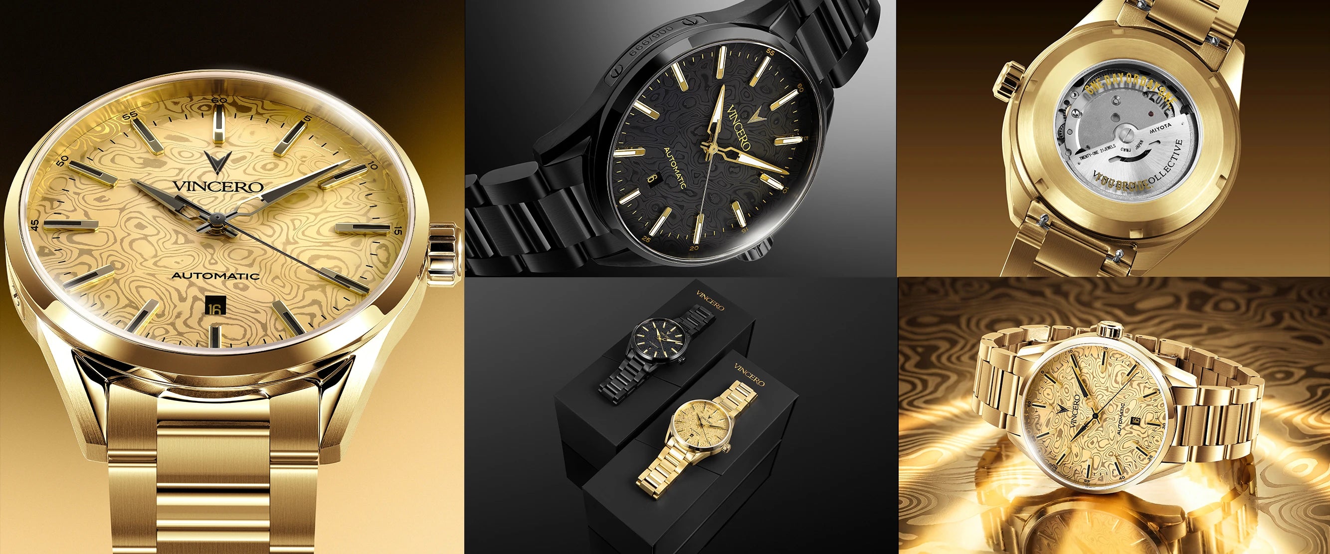 A collage of luxury wristwatches, including gold-tone models with textured dials, a black-tone model, a skeleton dial watch, and a gold-tone automatic watch displayed on a black box.