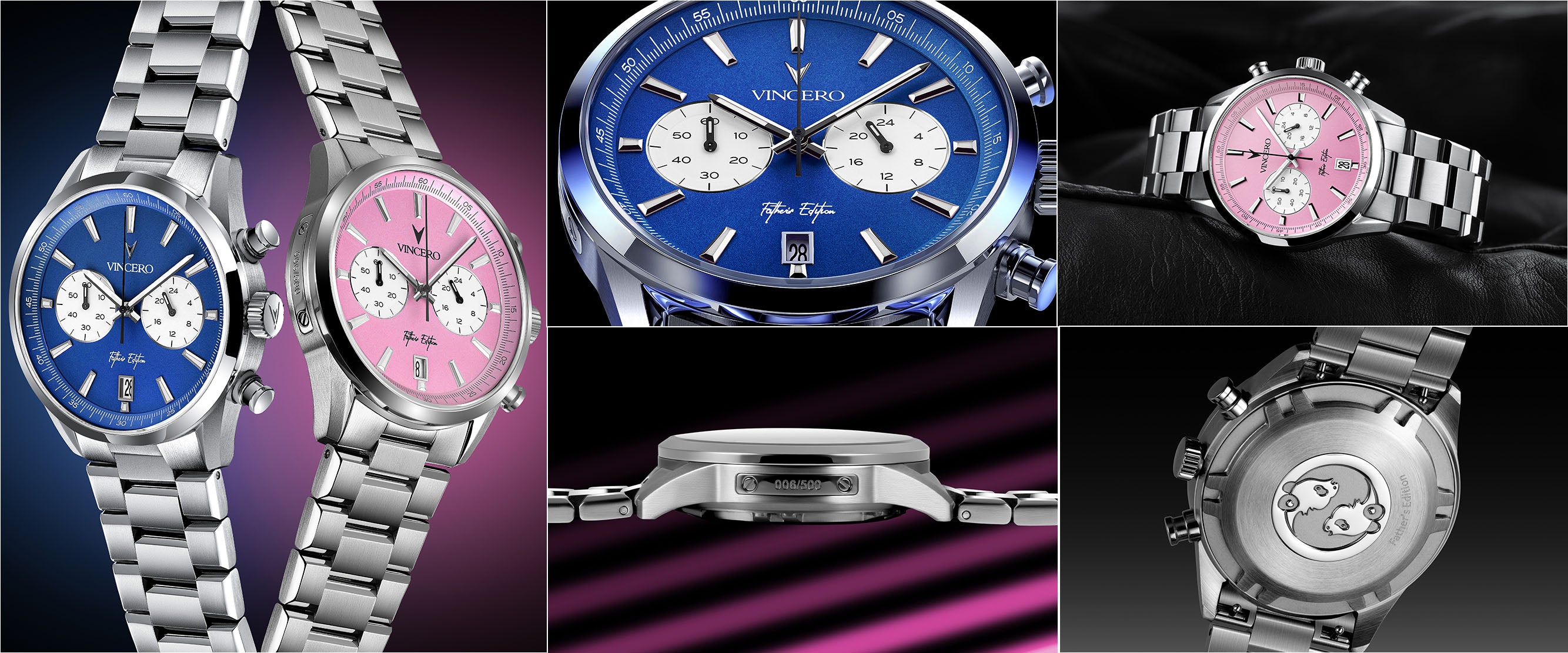 Collage of images showing the Father’s Edition watches from various angles. One watch features a pink face, stainless steel casing, and steel band; the other features a blue face, stainless steel casing, and steel band.