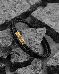 Men's Luxury Black Italian Leather Double Braided Bracelet Strap with a Gold Clasp