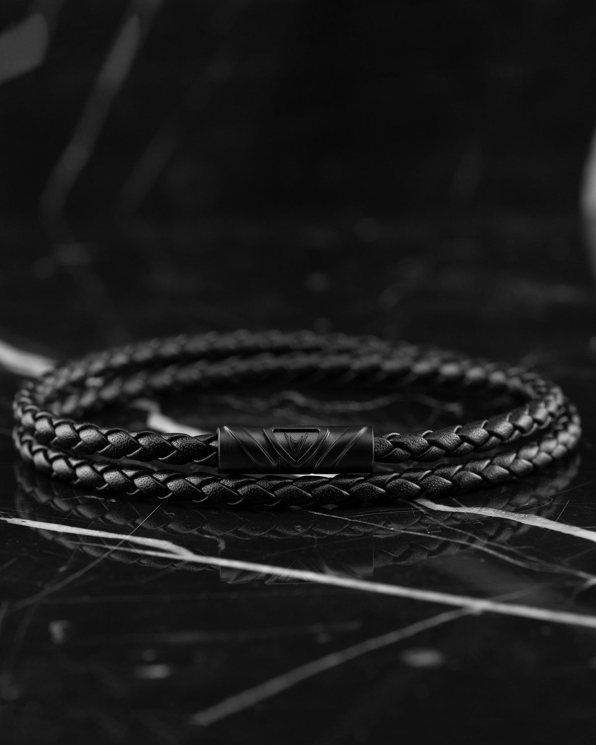 Men's Luxury Black Italian Leather Double Braided Bracelet Strap with a Matte Black Clasp