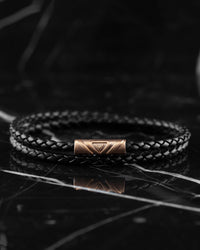 Men's Luxury Black Italian Leather Double Braided Bracelet Strap with a Rose Gold Clasp