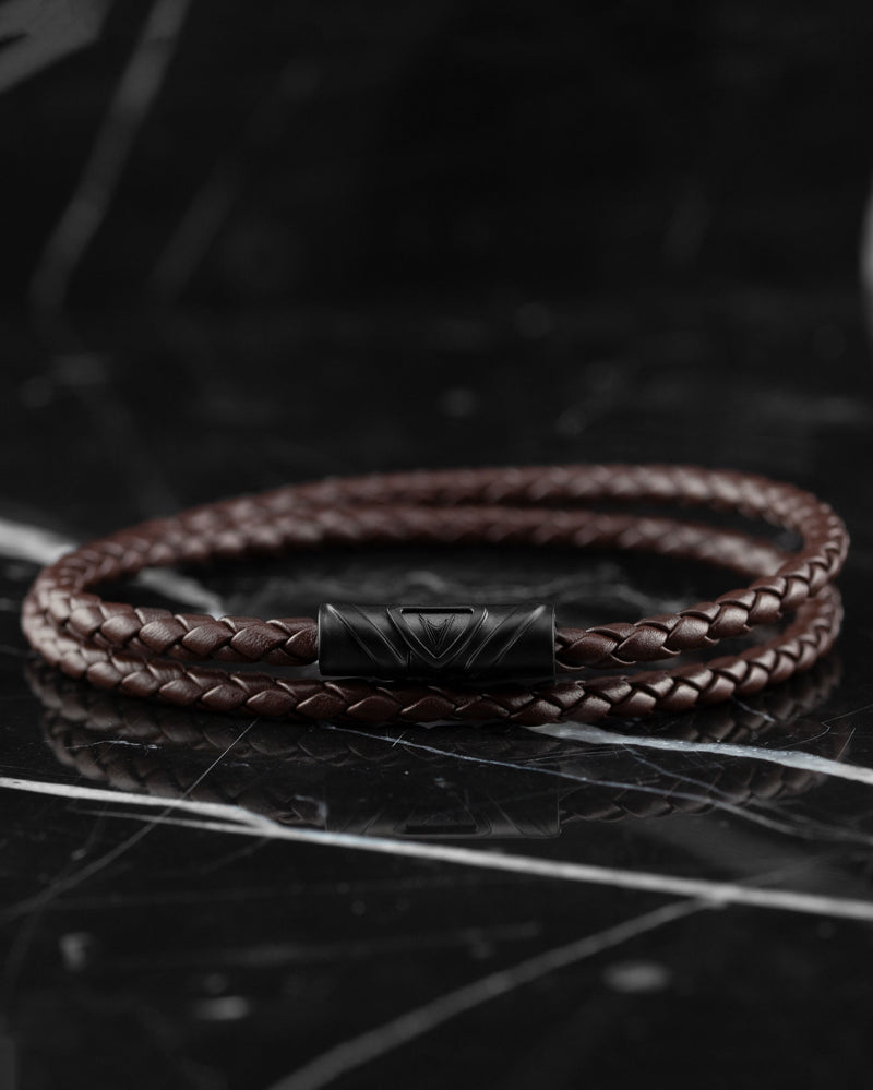Men's Luxury Mocha Italian Leather Double Braided Bracelet Strap with a Matte Black Clasp